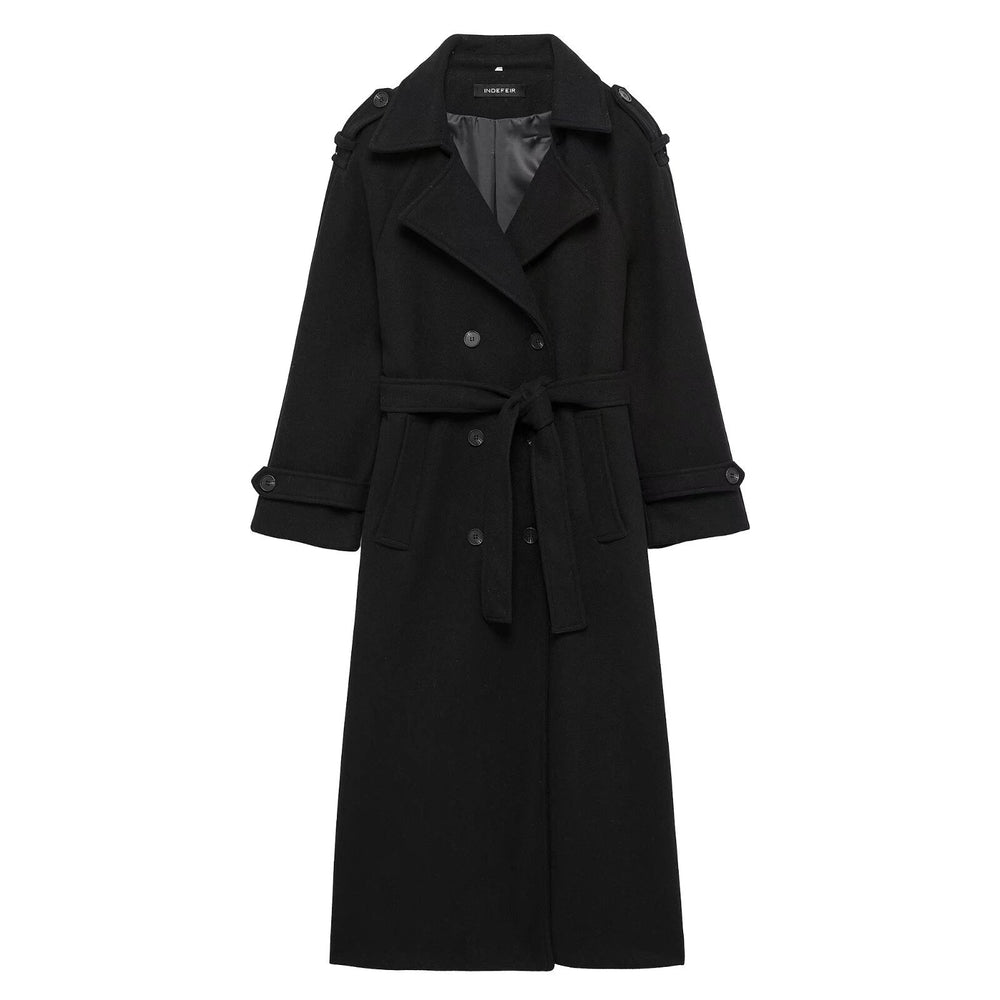 Damen Langer Doppelreiher-Trenchcoat mit Bindegürtel und Schulterriegeln Shop Nory