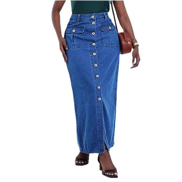 Damen Lang geschnittener High-Waist Denim-Maxirock mit durchgehender Knopfleiste und aufgesetzten Taschen Shop Nory