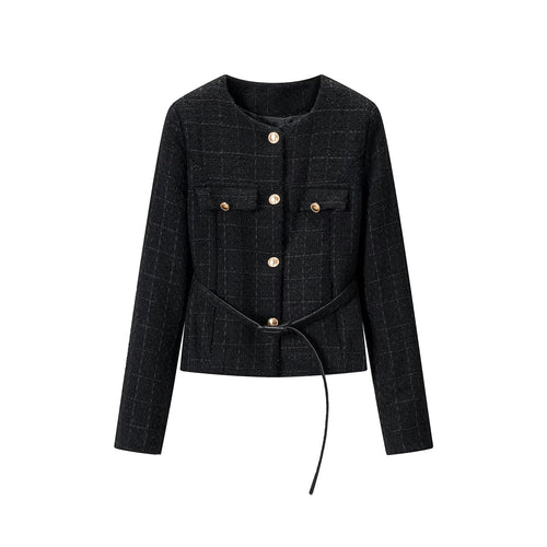 Damen Kurzjacke aus Bouclé‑Tweed mit Rundhals, goldenen Zierknöpfen und Bindegürtel Shop Nory