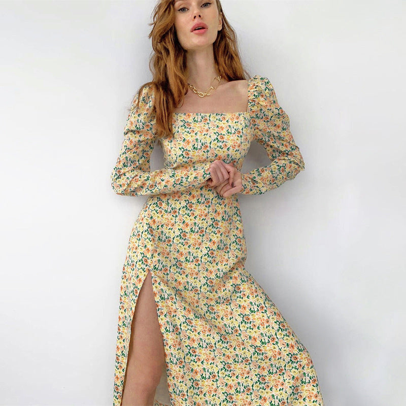 Damen Midikleid mit quadratischem Ausschnitt, tailliertem Bustier-Oberteil, Puffschulter und hohem Beinschlitz Shop Nory