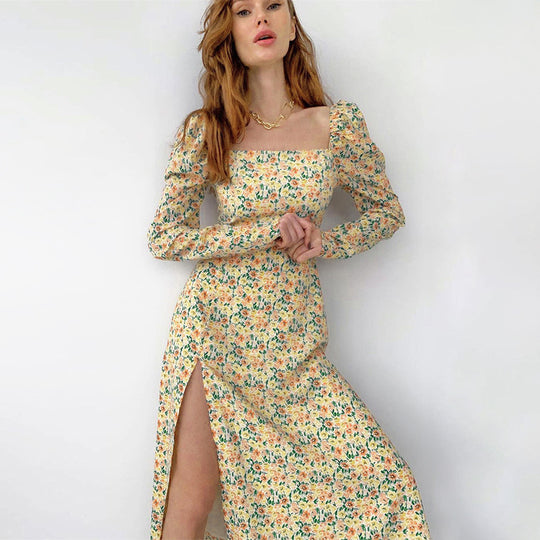 Damen Midikleid mit quadratischem Ausschnitt, tailliertem Bustier-Oberteil, Puffschulter und hohem Beinschlitz Shop Nory