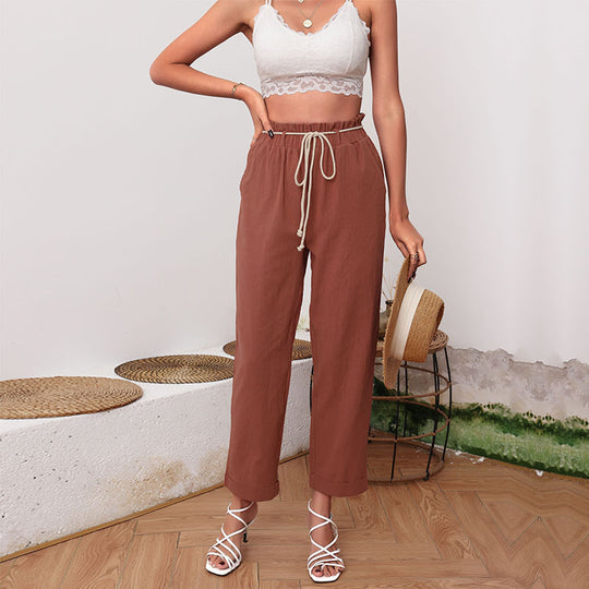 Damen Leichte Leinenhose mit Gummibund, Kordelzug und umgeschlagenem Saum Shop Nory