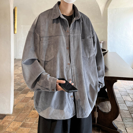 Herren oversized Kordhemdjacke mit aufgesetzten Brusttaschen, abgerundetem Saum und lockerer Silhouette Shop Nory