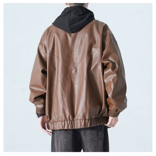 Herren Oversize Kunstleder-Bomberjacke mit Stehkragen, Pattentaschen und elastischem Saum Shop Nory