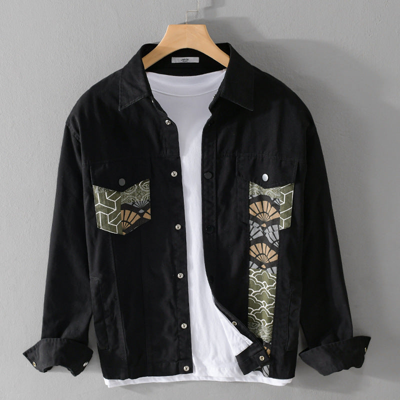 Herren Leichtes Canvas-Overshirt im Worker‑Stil mit japanischem Musterpatch und Druckknopfleiste Shop Nory