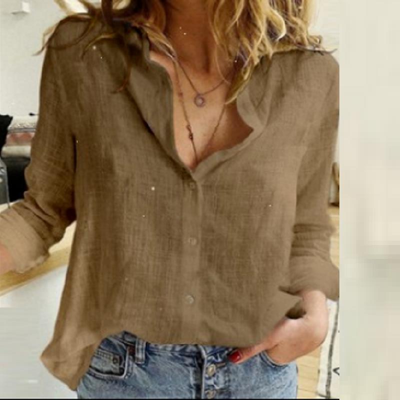 Damen Atmungsaktive Baumwoll‑Leinen Tunika‑Bluse mit Kentkragen, geknöpftem V‑Ausschnitt und gerundetem Saum Shop Nory