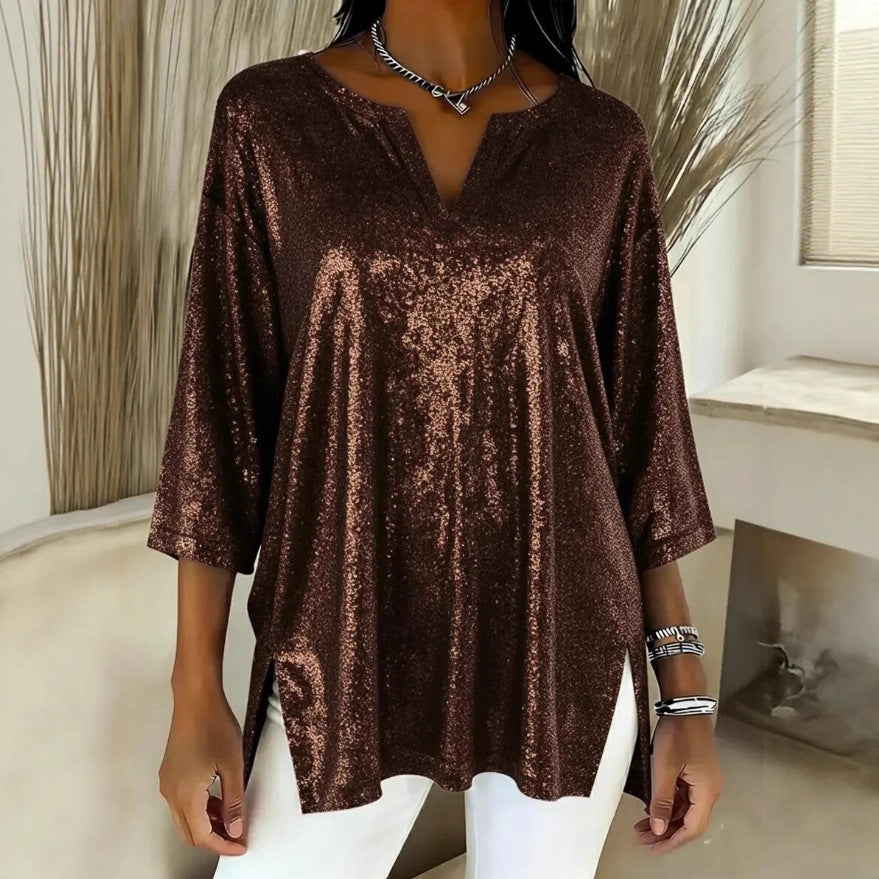 Damen Glitzerndes Oversize-Longshirt mit V-Ausschnitt und seitlichen Schlitzen Shop Nory