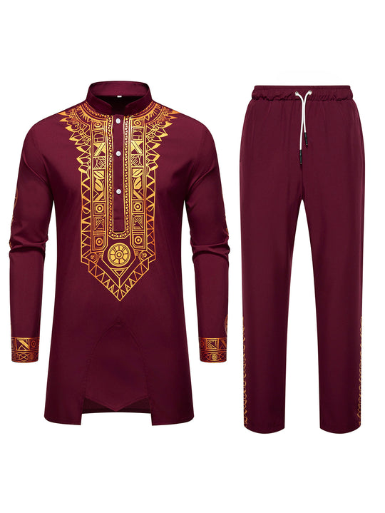 Herren Traditionelles Langarm-Kurta-Set mit Stehkragen, goldfarbenem Ornamentdruck und Tunnelzughose Shop Nory