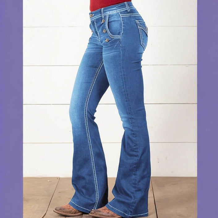 Damen Taillenhohe Denim‑Flare‑Jeans mit seitlicher Zierknopfleiste und sculptendem Sitz Shop Nory