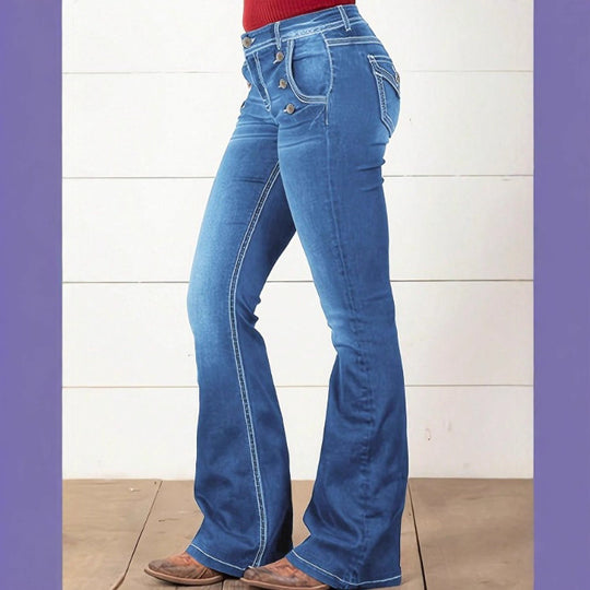 Damen Taillenhohe Denim‑Flare‑Jeans mit seitlicher Zierknopfleiste und sculptendem Sitz Shop Nory