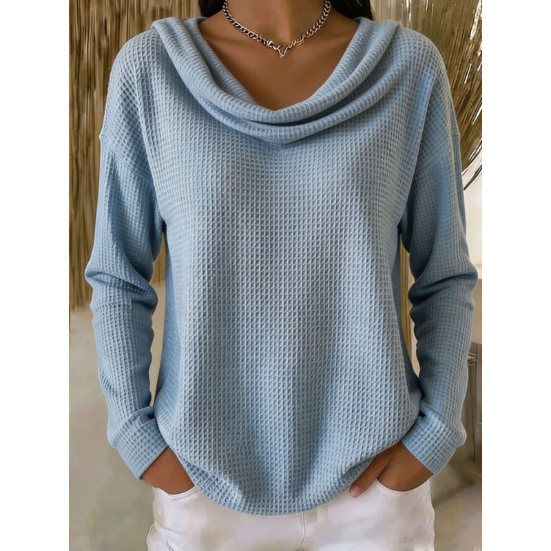 Damen Lässiger Waffelstrick-Pullover mit weitem Wasserfallkragen und gerundetem Saum Shop Nory