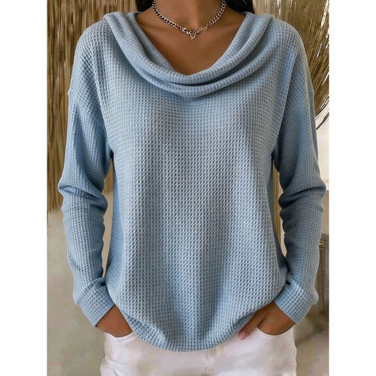 Damen Lässiger Waffelstrick-Pullover mit weitem Wasserfallkragen und gerundetem Saum Shop Nory
