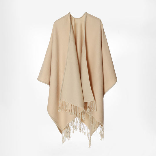 Damen Zweilagiger Oversize-Cape mit Fransen und offenem Wasserfall-Schnitt Shop Nory