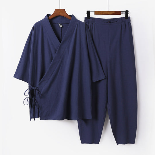 Unisex Leichtes Wickel-Lounge-Set im Kimono-Stil mit seitlichen Bindebändern und elastischer konisch zulaufender Hose Shop Nory