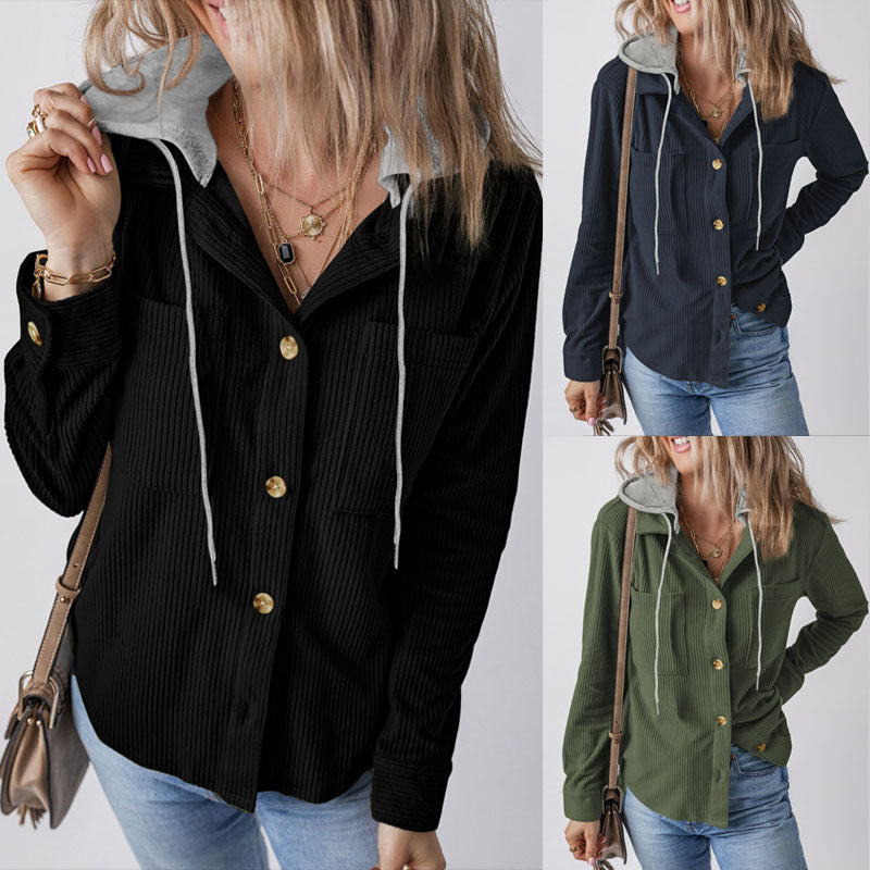 Damen Gerippte Hemdjacke mit Kapuze, Knopfleiste und aufgesetzten Taschen Shop Nory
