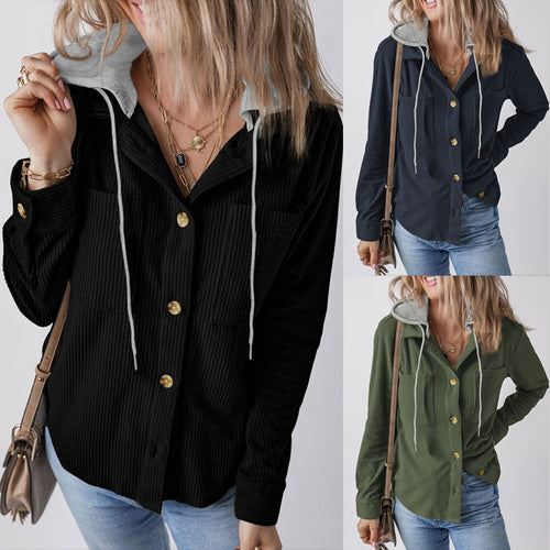 Damen Gerippte Hemdjacke mit Kapuze, Knopfleiste und aufgesetzten Taschen Shop Nory