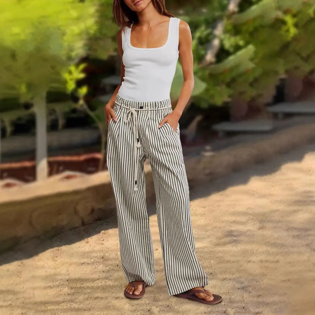 Damen Leichte Leinenoptik Palazzo‑Hose mit Gummibund, Kordelzug und senkrechtem Streifenmuster Shop Nory