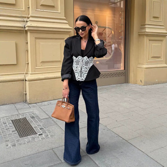 Damen Zweiteiliges Anzugset mit tailliertem Blazer, Spitzen‑Corsage und weiter Palazzohose Shop Nory