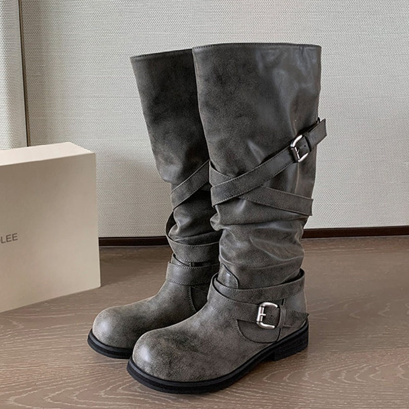 Damen Kniehohe Biker-Stiefel in Leder-Optik mit verstellbaren Schnallen Shop Nory