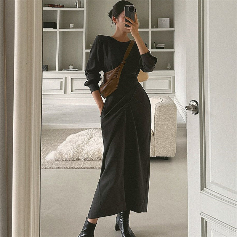 Damen Modernes Longkleid mit überlappender Taillenpasse, verdeckten Eingrifftaschen und kastiger Silhouette Shop Nory