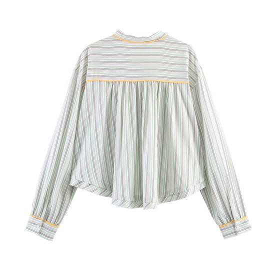 Damen Oversize-Bluse im Cropped-Schnitt mit Stehkragen, feinem Streifenmuster und Kontrastpaspel Shop Nory