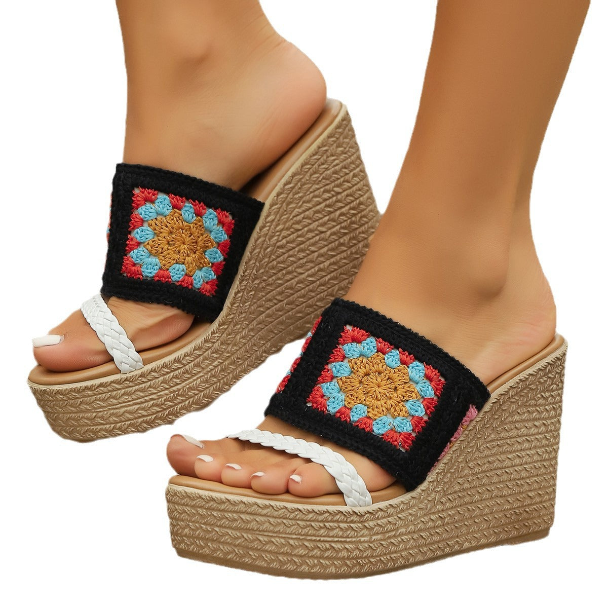 Damen Hochwertige Plateau-Sandalen mit buntem Stickdesign und komfortablem Fußbett