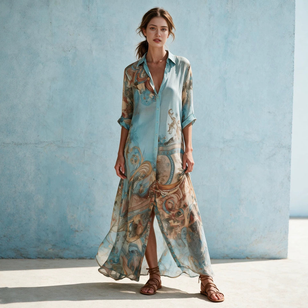 Damen Hemdblusenkleid Maxikleid in fließender Seidenoptik mit kunstvollem Allover-Print und 3/4-Ärmeln Shop Nory