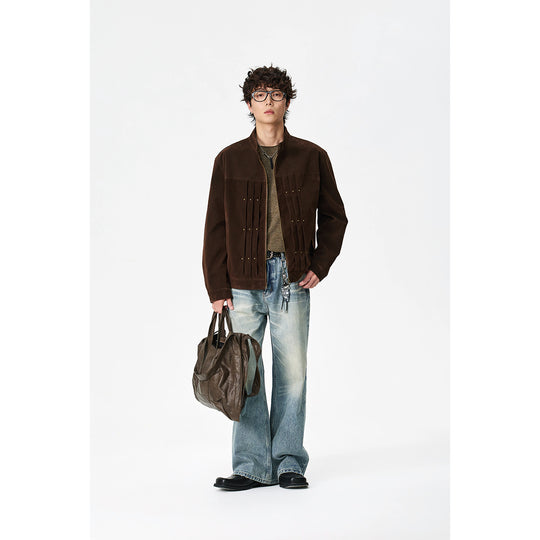 Herren Veloursleder-Optik Blousonjacke mit Faltenpasse und Nieten-Detail Shop Nory