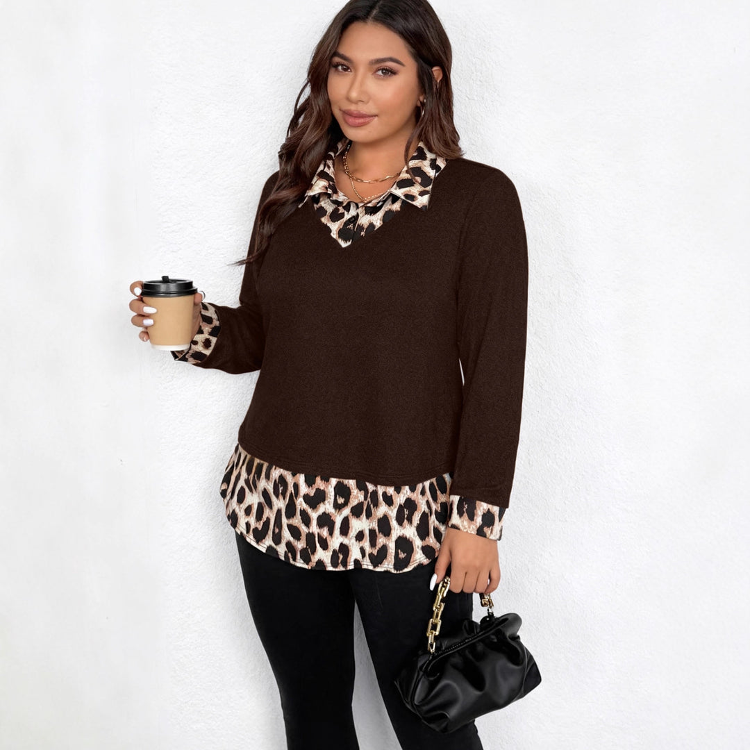 Damen Lagenlook-Pullover mit V-Ausschnitt und Leoprint-Blusen-Einsatz Shop Nory