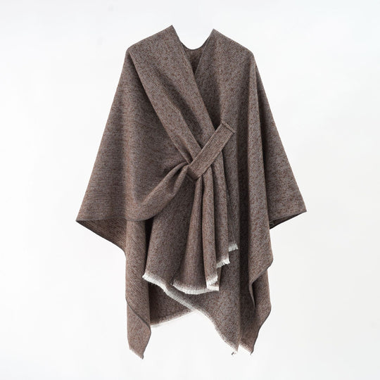 Damen luxuriöser Woll-Kaschmir-Poncho mit Bindegürtel und Fransensaum Shop Nory