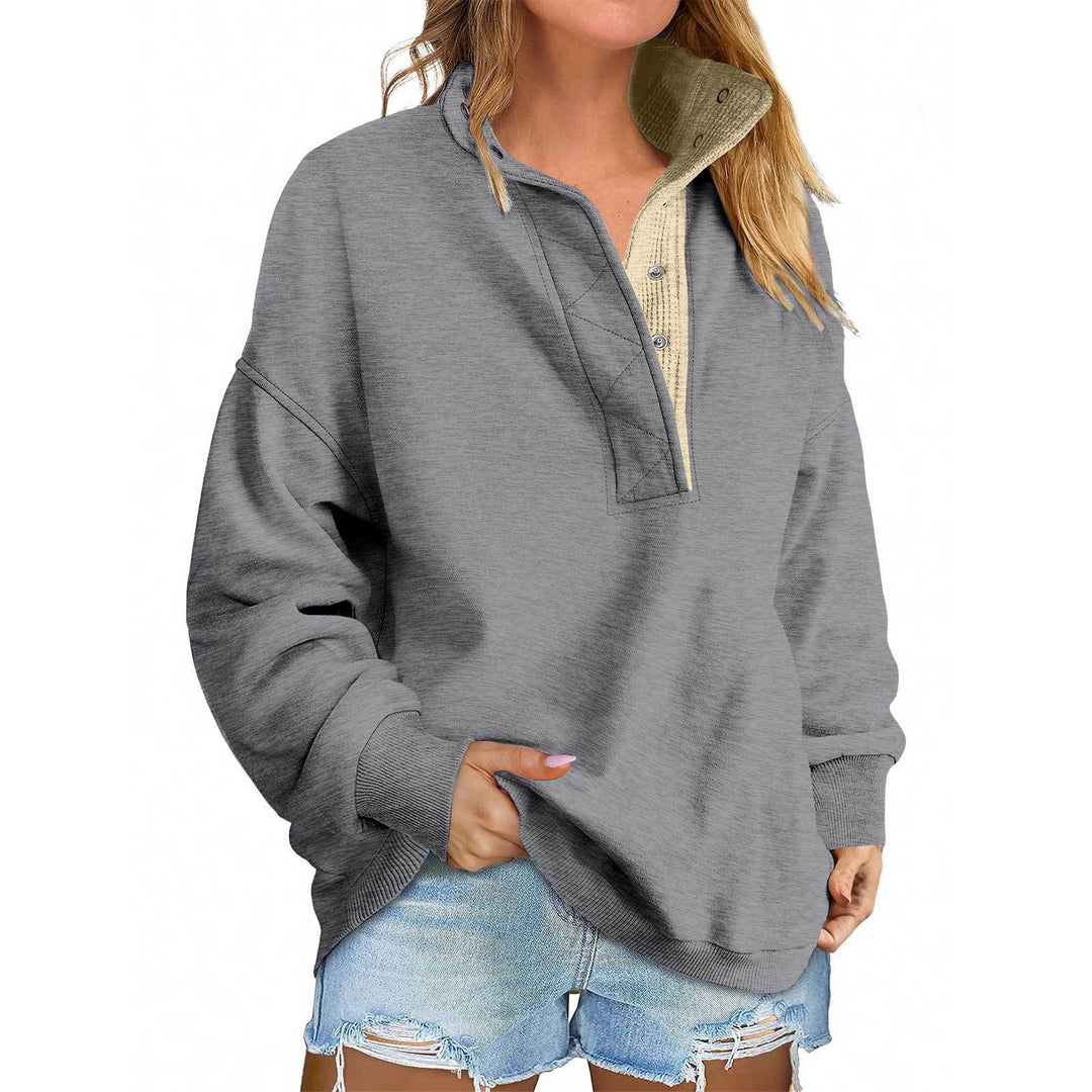 Damen Oversize-Henley-Sweatshirt mit Stehkragen und Druckknopfleiste Shop Nory