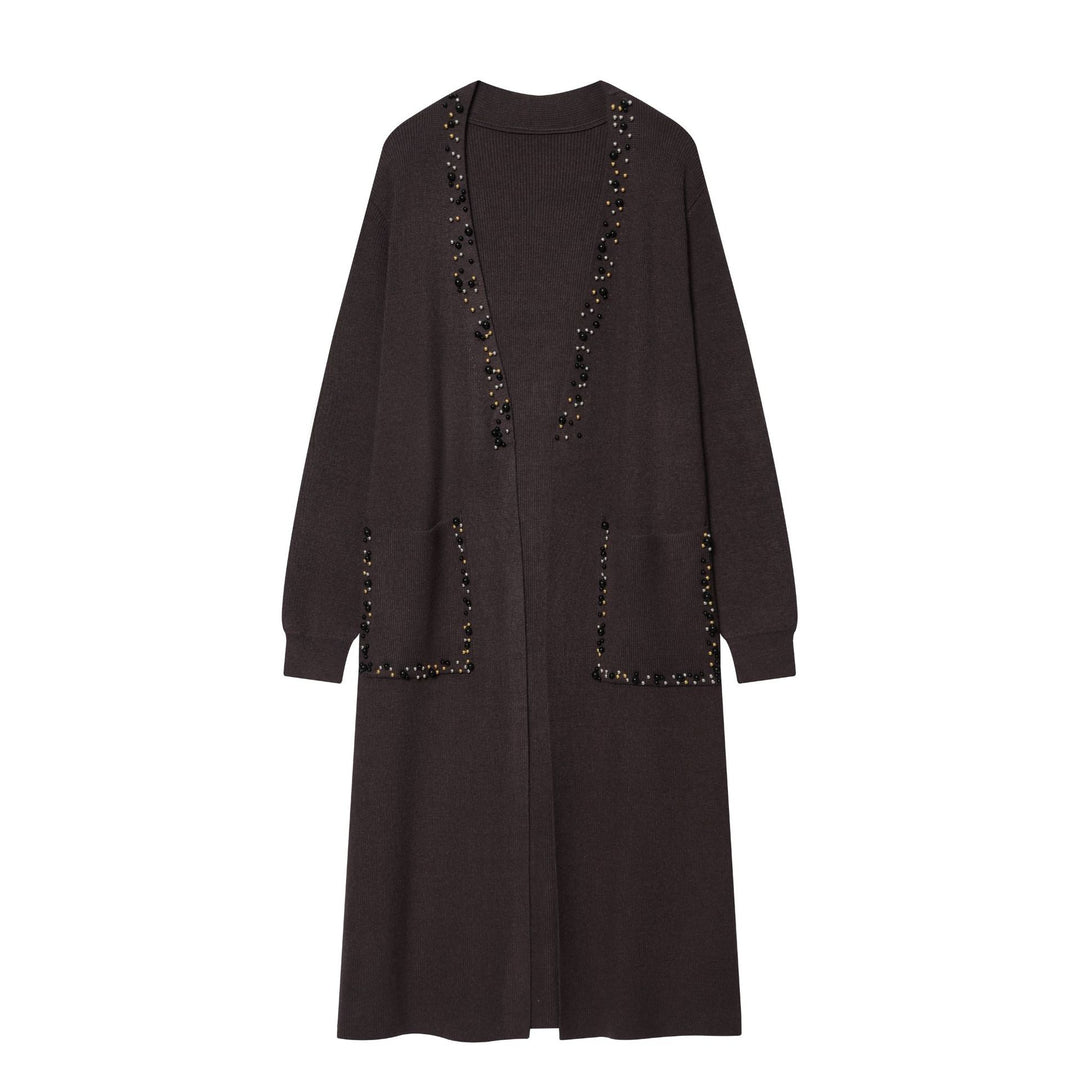 Damen langer Strickcardigan mit Perlenverzierung und aufgesetzten Taschen Shop Nory
