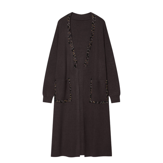 Damen langer Strickcardigan mit Perlenverzierung und aufgesetzten Taschen Shop Nory