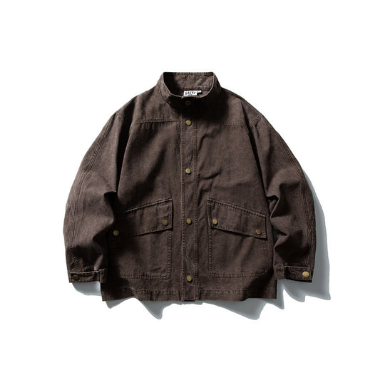 Unisex kastig geschnittene Canvas-Worker‑Blousonjacke mit Stehkragen und Druckknopf‑Front Shop Nory