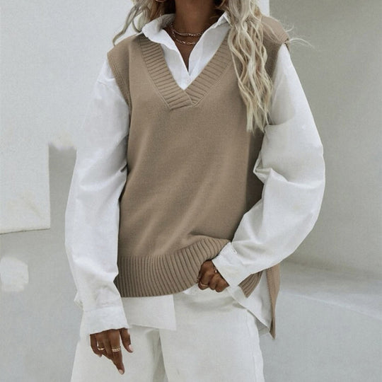 Damen Ärmellose Strickweste mit V-Ausschnitt und seitlichen Schlitzen Shop Nory
