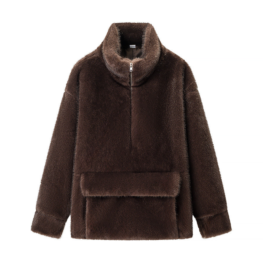 Damen Oversize Teddy-Fleece-Pullover mit halbem Reißverschluss und großer Klappentasche Shop Nory