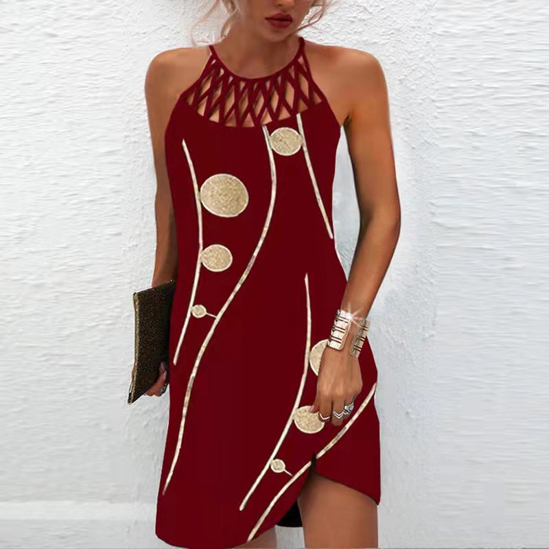 Shopnory | Positionierung Bedrucktes Mesh Strap Ärmelloses Kleid