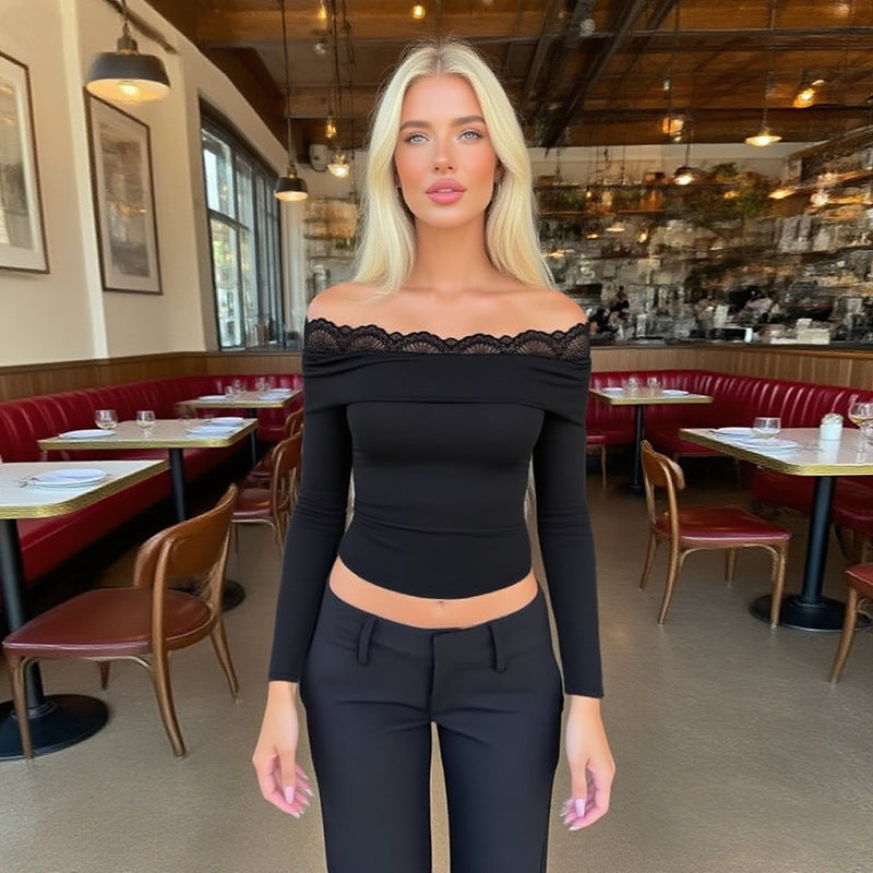 Damen Off-Shoulder Langarm-Top mit Spitzenbesatz und figurbetonter Silhouette Shop Nory