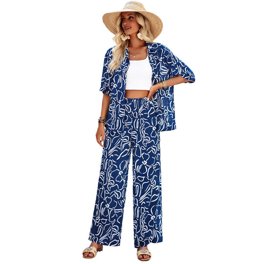 Damen luftiges Zweiteiliges Ensemble mit floralem Muster und weiten Hosen