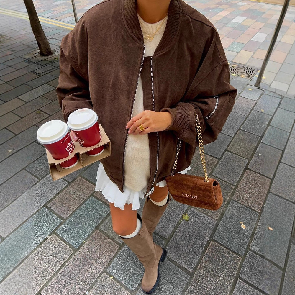 Damen Oversize-Suede-Bomberjacke mit Reißverschluss & gerippten Bündchen Shop Nory