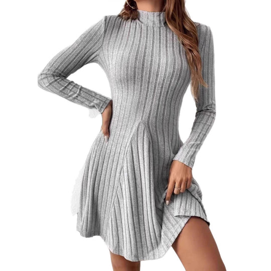 Damen Geripptes Strickkleid mit Stehkragen, taillierter A‑Linie und langen Ärmeln Shop Nory