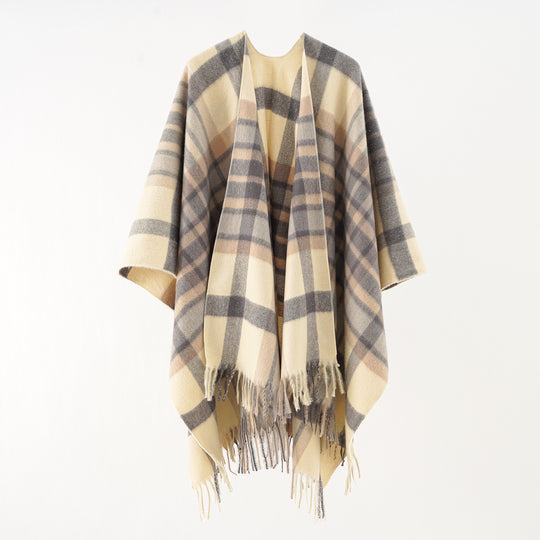 Damen Oversize karierter Wollponcho mit Fransen Shop Nory