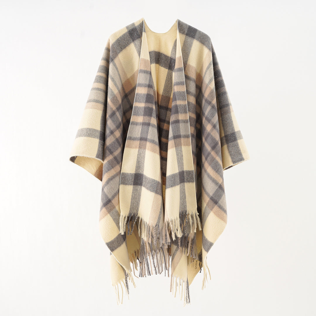 Damen Übergroßer Karierter Wollponcho mit Fransen Shop Nory