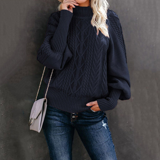 Damen Grobstrick-Pullover mit Zopfmuster, Stehkragen und Ballonärmeln Shop Nory
