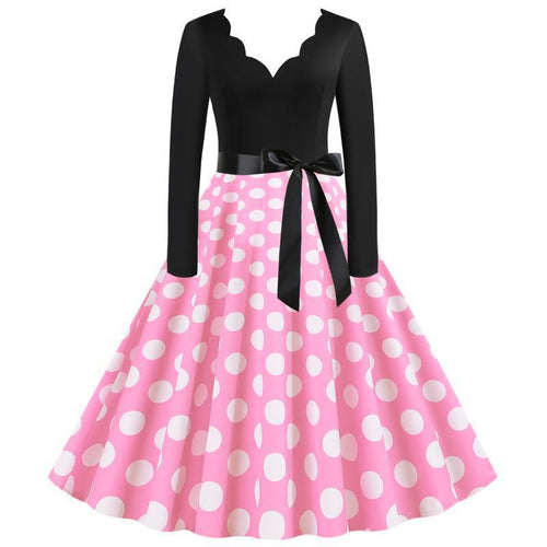 Damen Retro-Swingkleid mit langen Ärmeln tailliertem Oberteil gepunktetem Tellerrock und Schleifengürtel Shop Nory