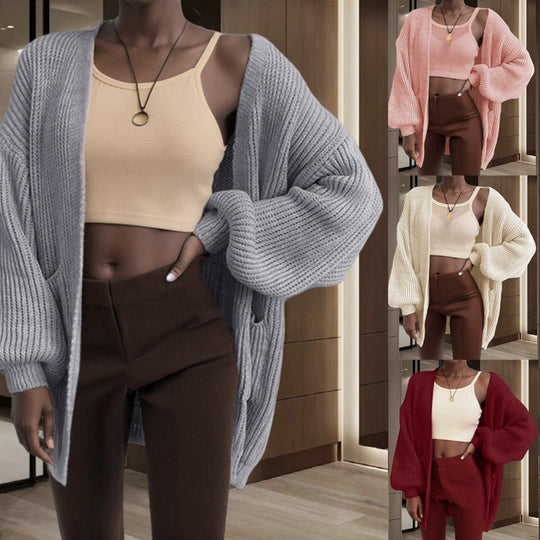 Damen Großer Strickjacke mit voluminösen Ärmeln und praktischen Taschen