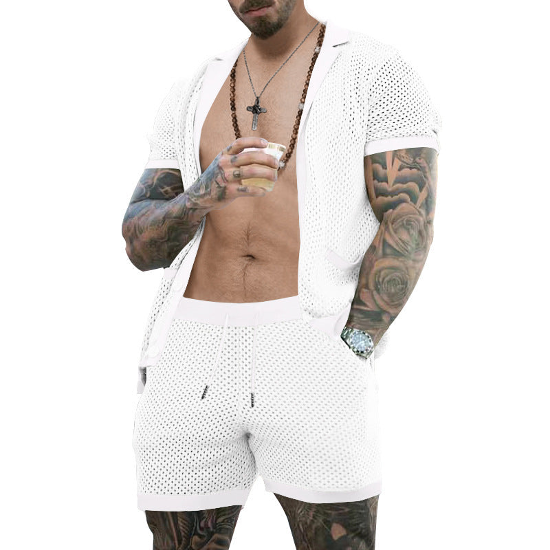 Herren nan offener Netzstrick-Cardigan mit passenden Kordelzug-Shorts