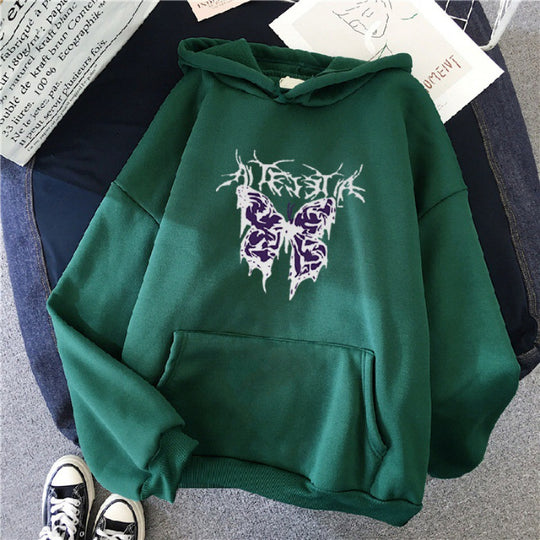 Damen nan Oversize-Kapuzenpullover mit gothischer Schmetterlings-Illustration und Kängurutasche Shop Nory