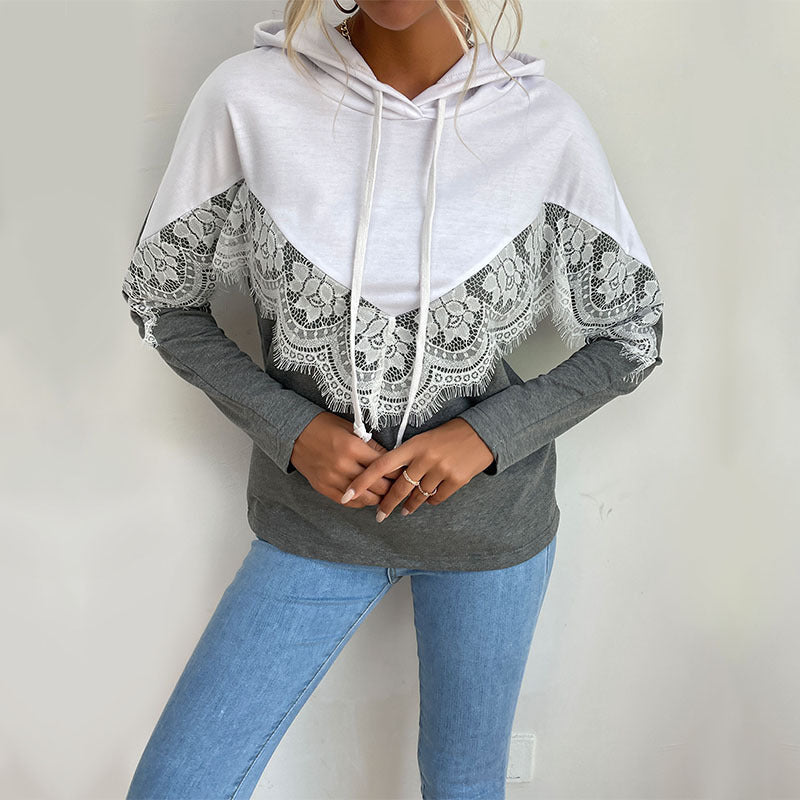Damen Kapuzenpullover mit Spitzenbesatz und V‑Einsatz Shop Nory