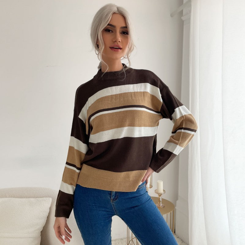 Damen Langärmliger Ringel-Feinstrickpullover mit kurzem Stehkragen und legerer Silhouette Shop Nory